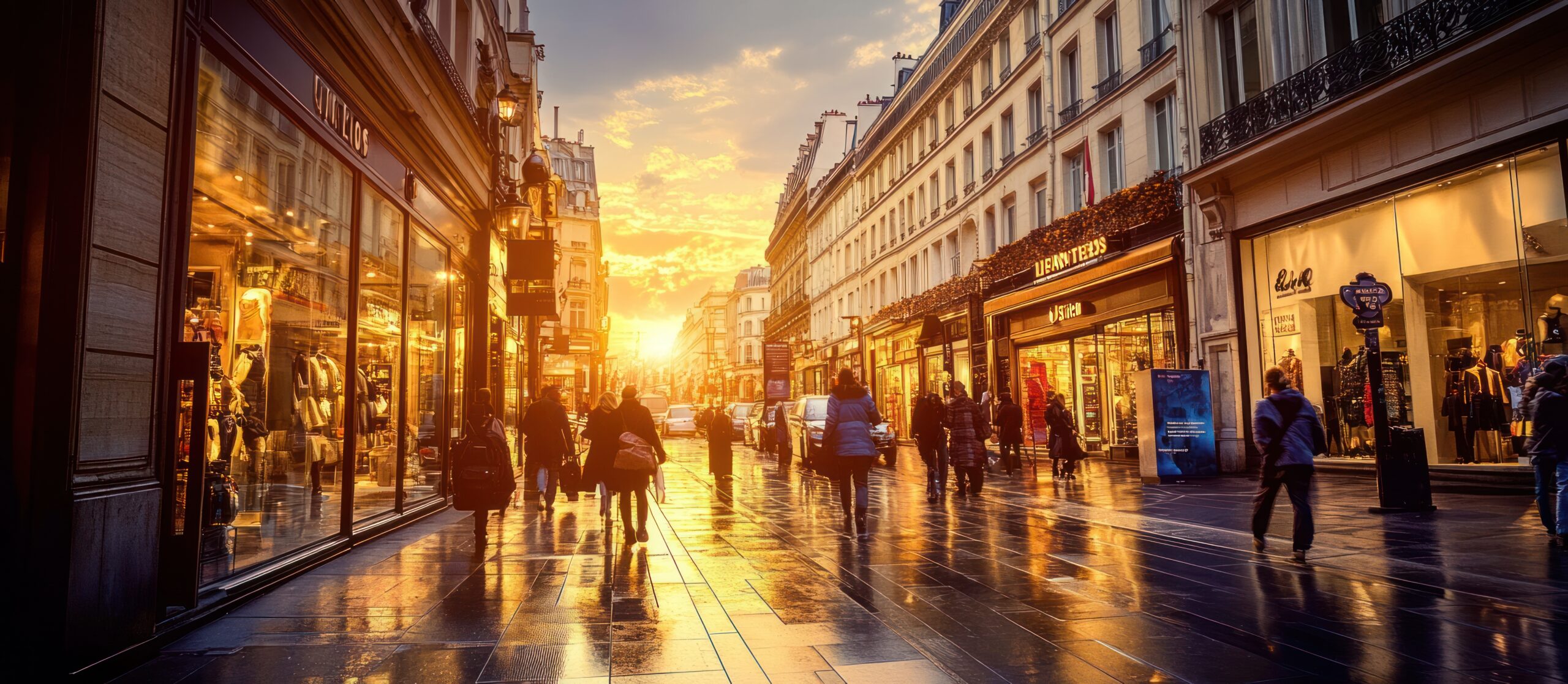 People walking on a cobblestone street in the city at sunset, with tall buildings and storefronts on both sides.