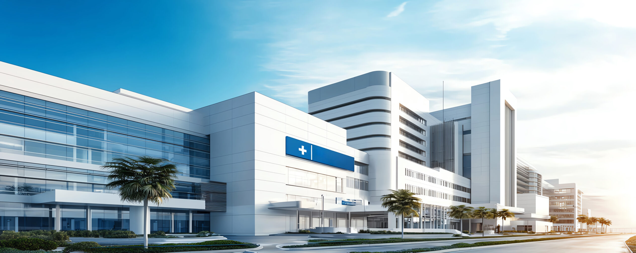 Modern hospital building with sleek glass exterior under a clear blue sky