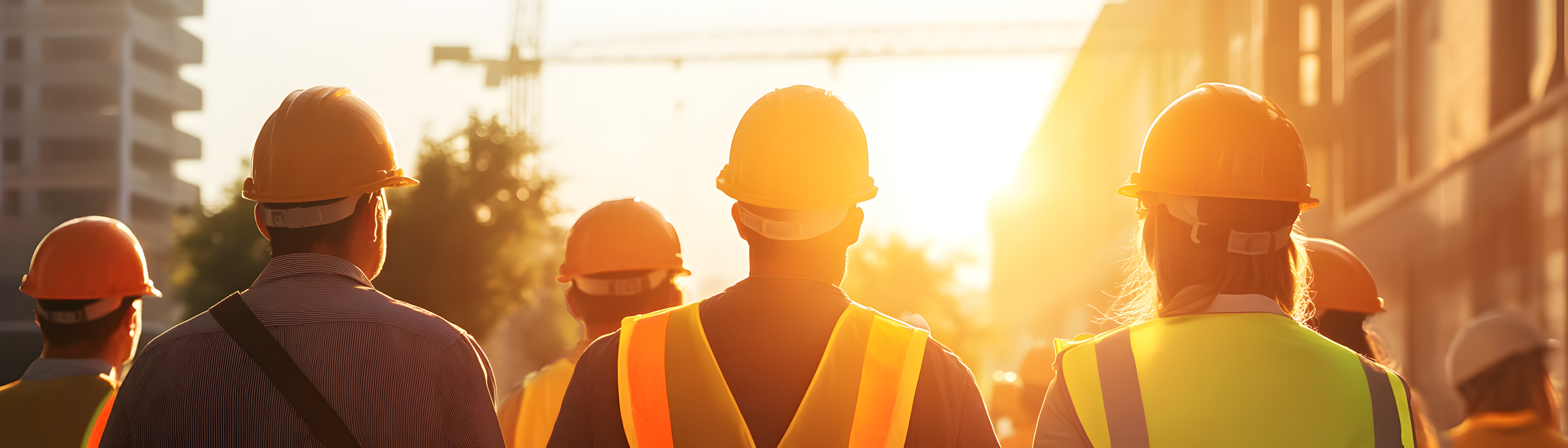 A group of construction workers wearing safety helmets and vests stands together at sunset. The warm sunlight casts a golden hue, highlighting teamwork in the construction field.