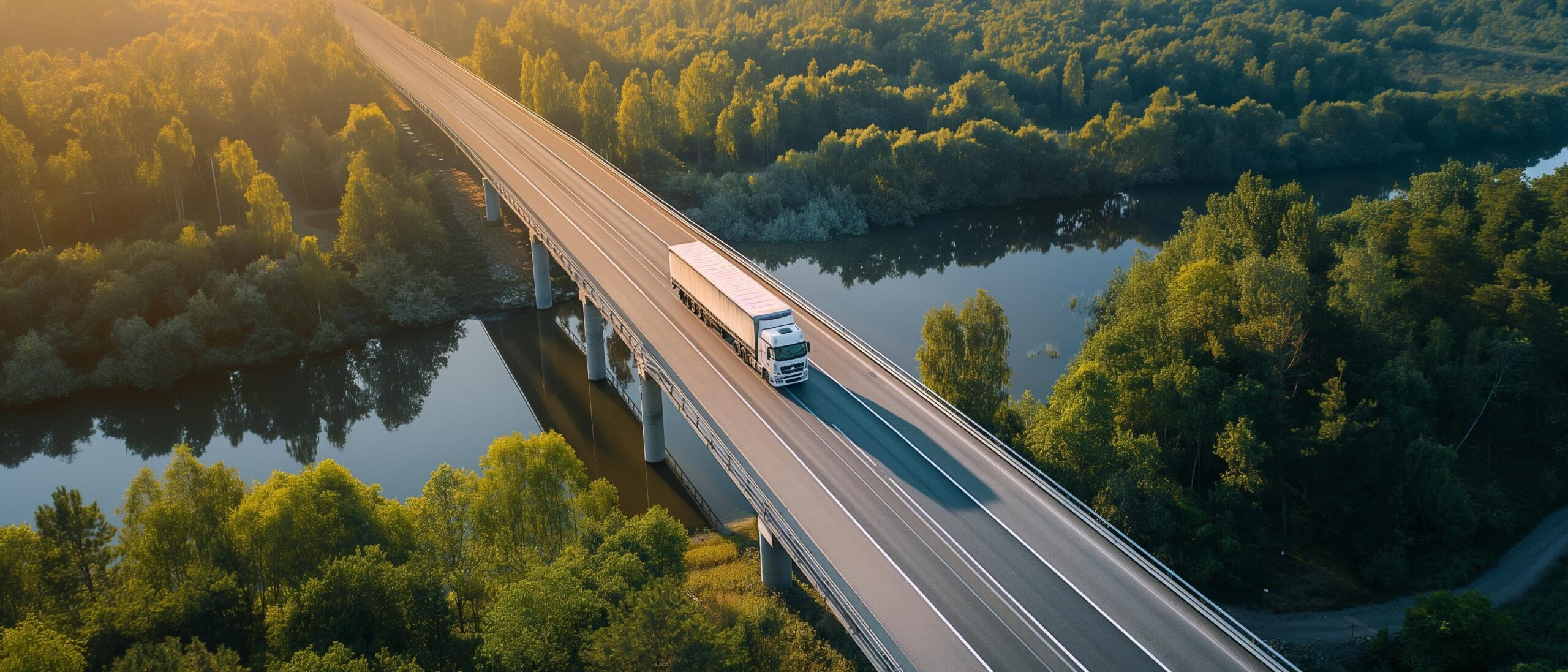 AI generator image of Aerial view of white cargo truck crossing bridge on highway, Panorama landscape view