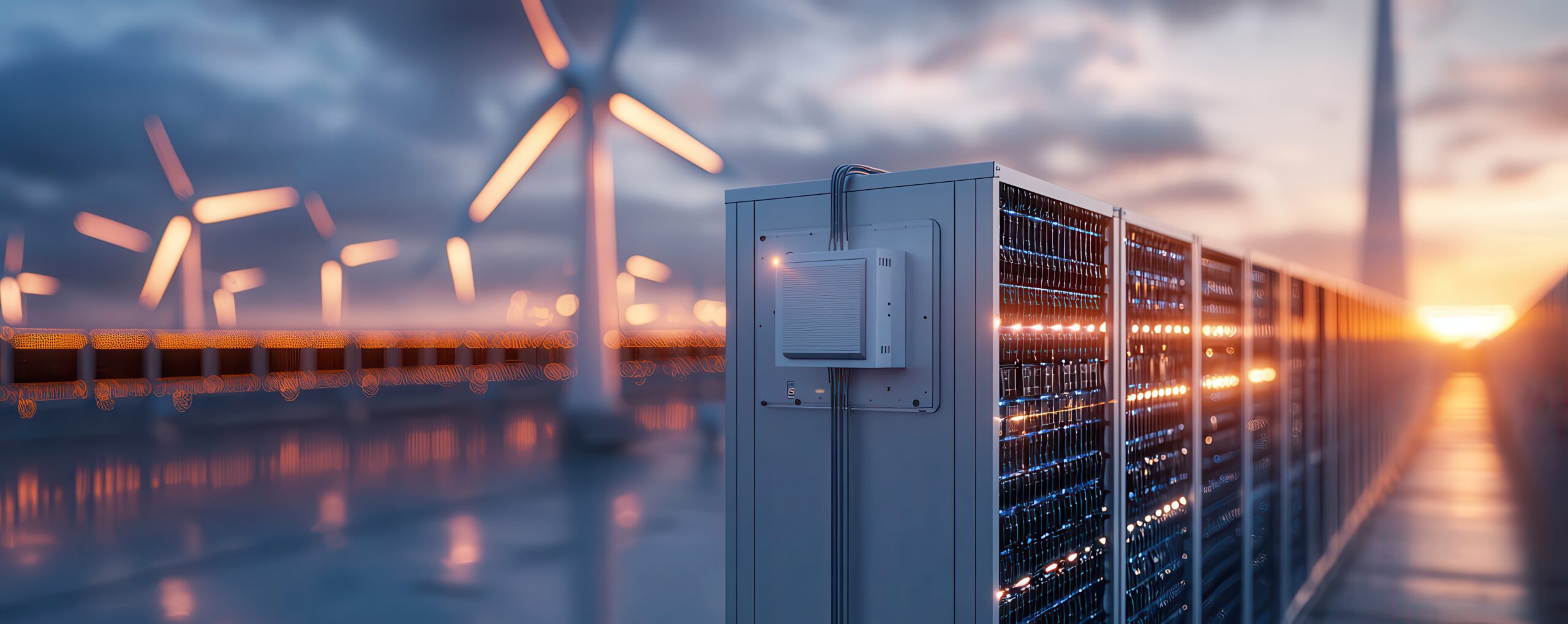 A futuristic landscape featuring wind turbines and a battery storage system, highlighting renewable energy technology during sunset.