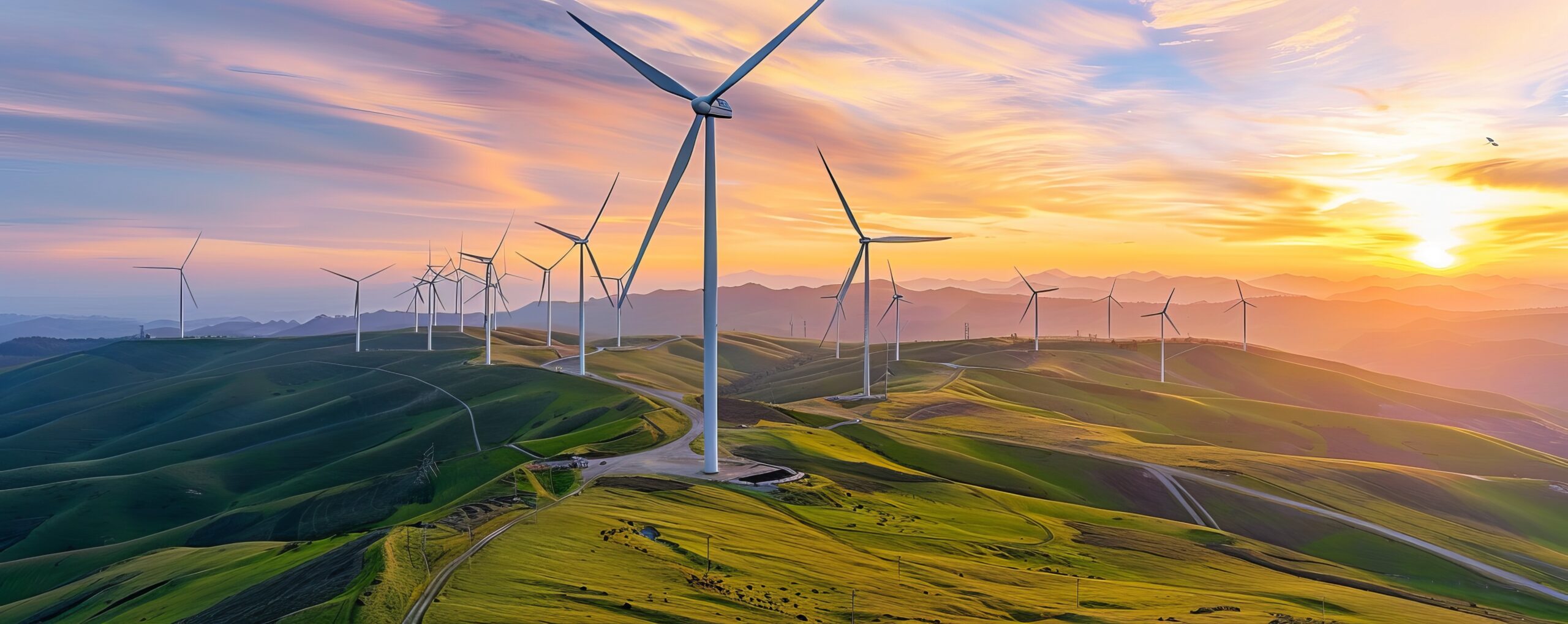 Panoramic view of wind farm set against dramatic sunset creates powerful image of renewable energy.