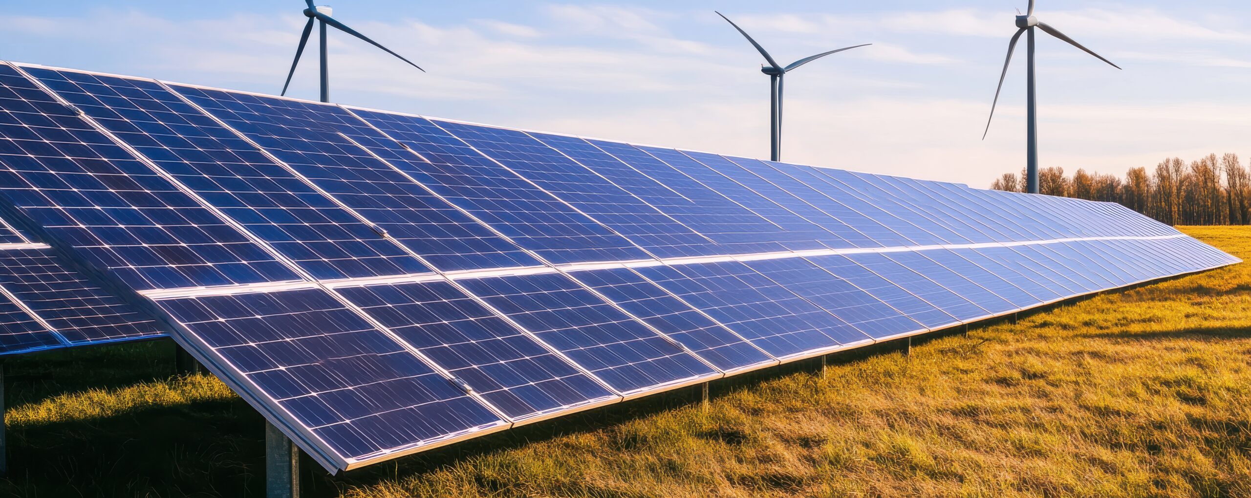 A solar panel array in a grassy field, with wind turbines in the background, showcasing renewable energy sources under a clear blue sky.