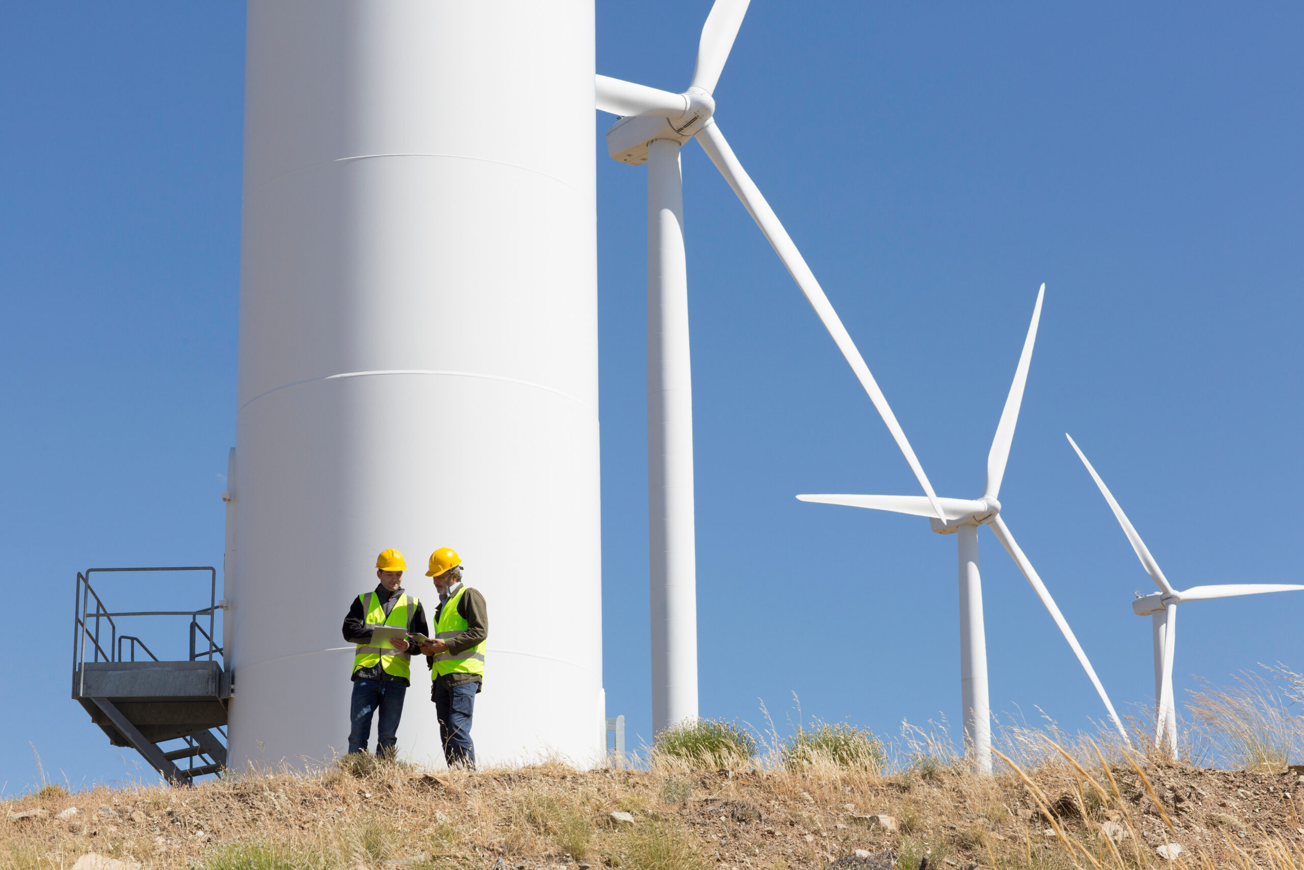 Engineers meeting below wind turbines on sunny wind farm