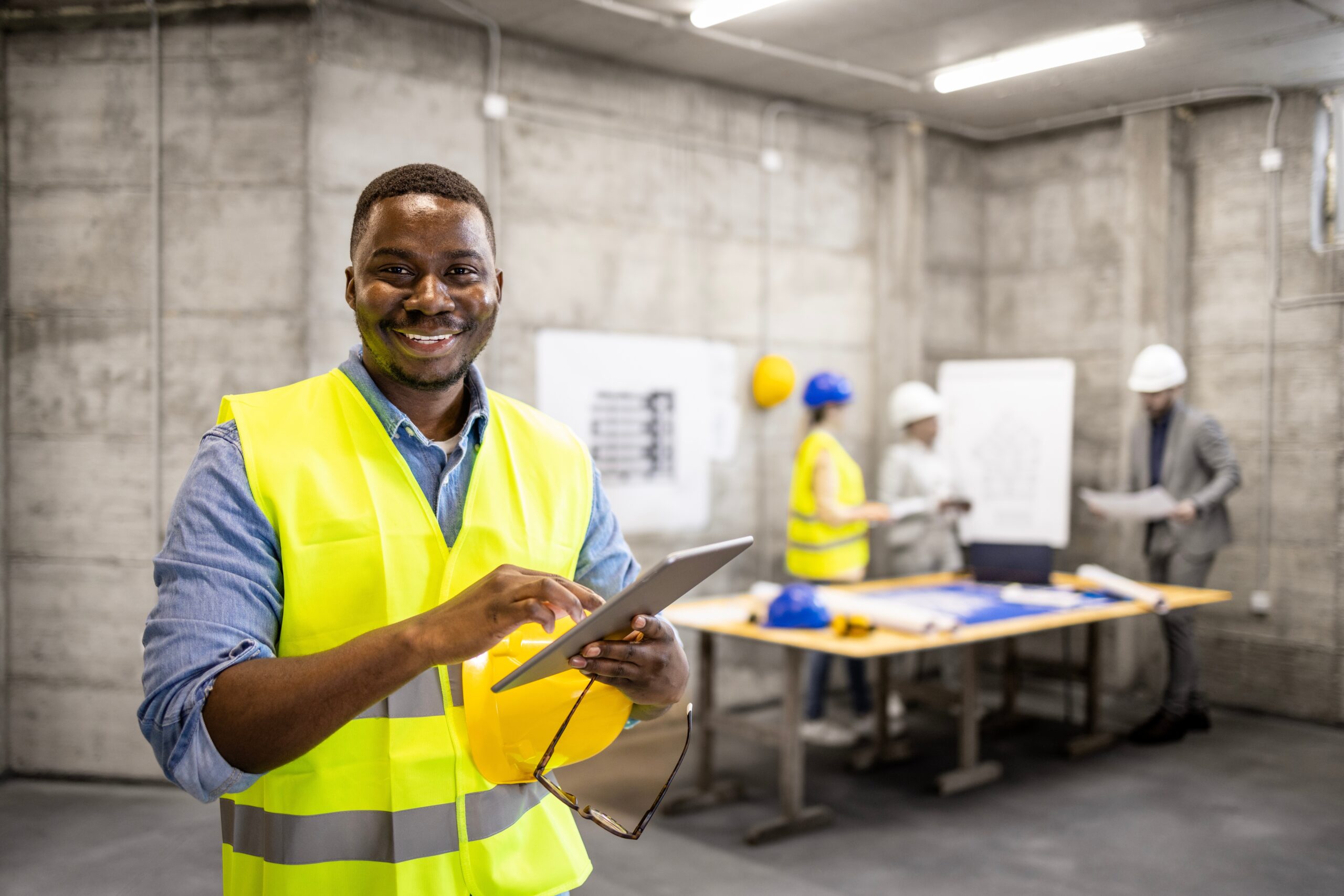 Portrait,Of,African,American,Civil,Engineer,Or,Construction,Worker,Holding