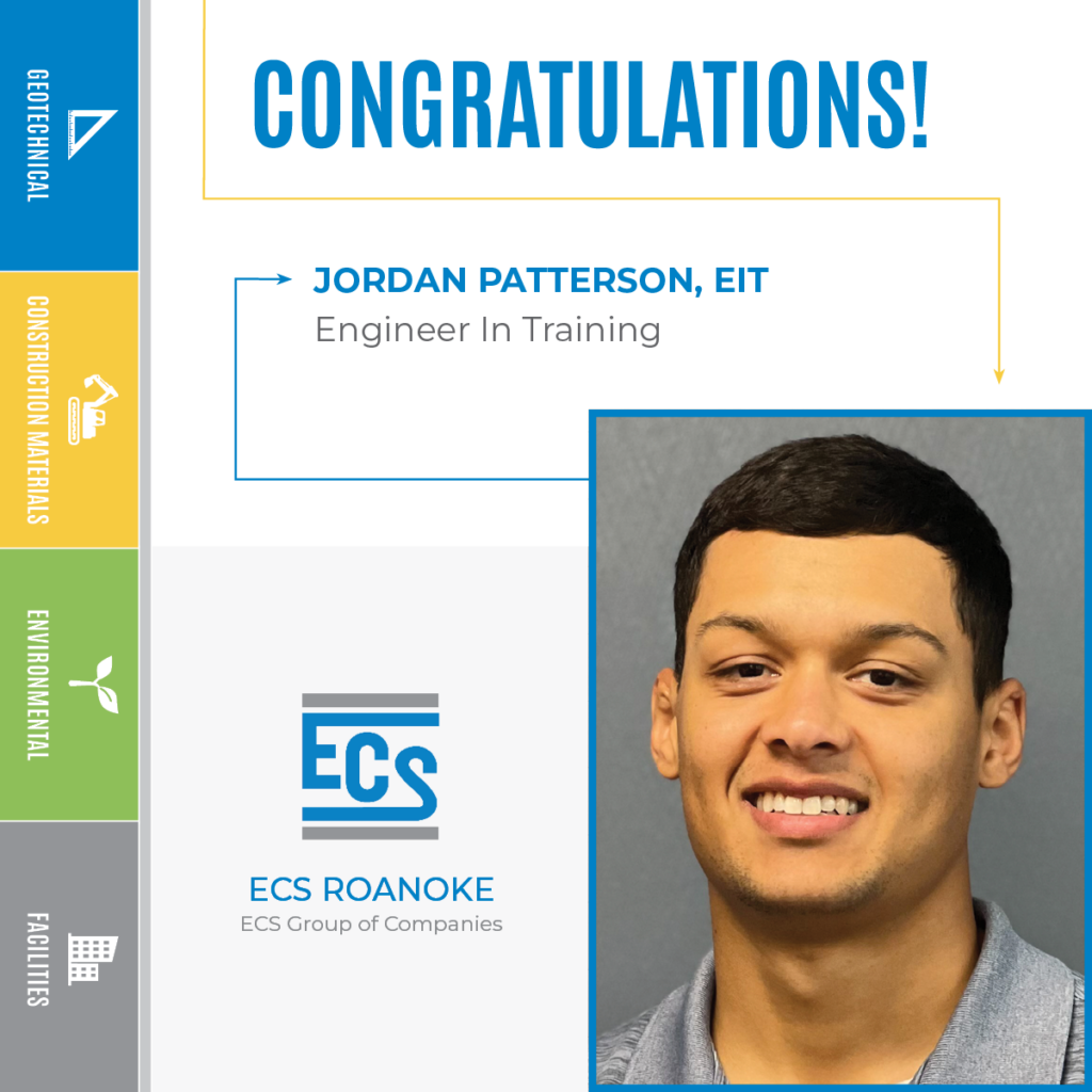 Graphic in ECS colors with ECS logo and headshot of Jordan Patterson, Engineer In Training
