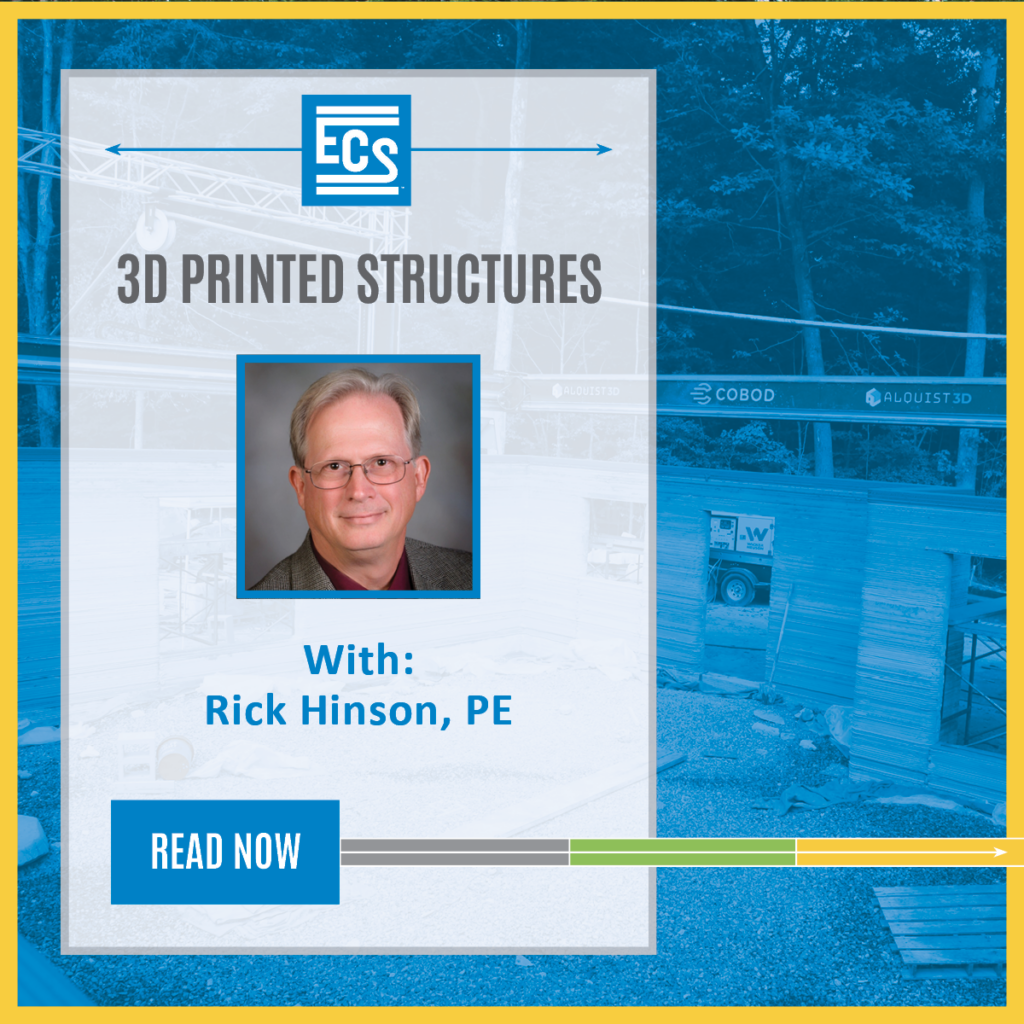 Blog cover image featuring ECS logo, 3D Printed Buildings text, and headshot of author Rick Hinson PE