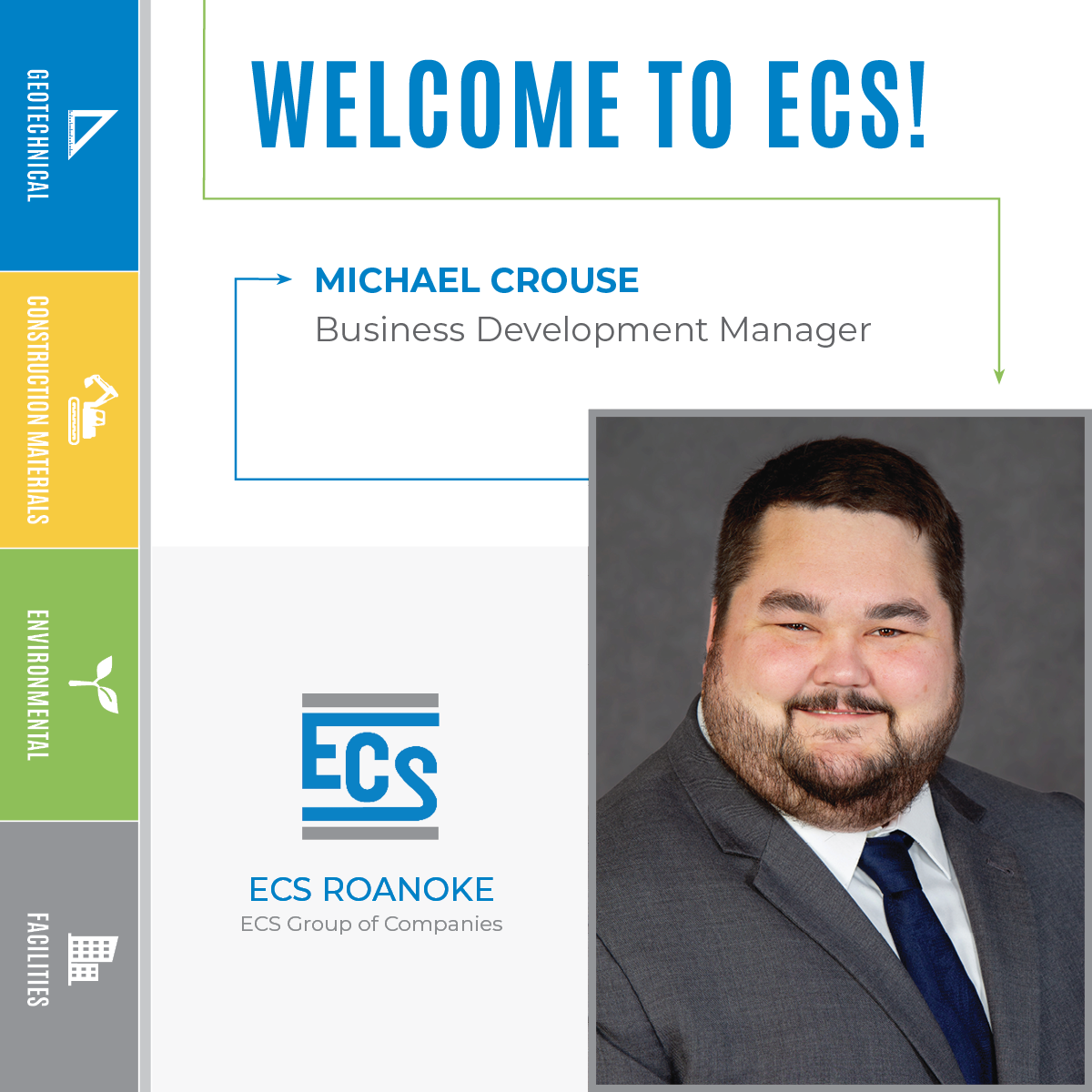 Graphic in ECS colors with ECS logo and headshot of Michael Crouse, Business Development Manager