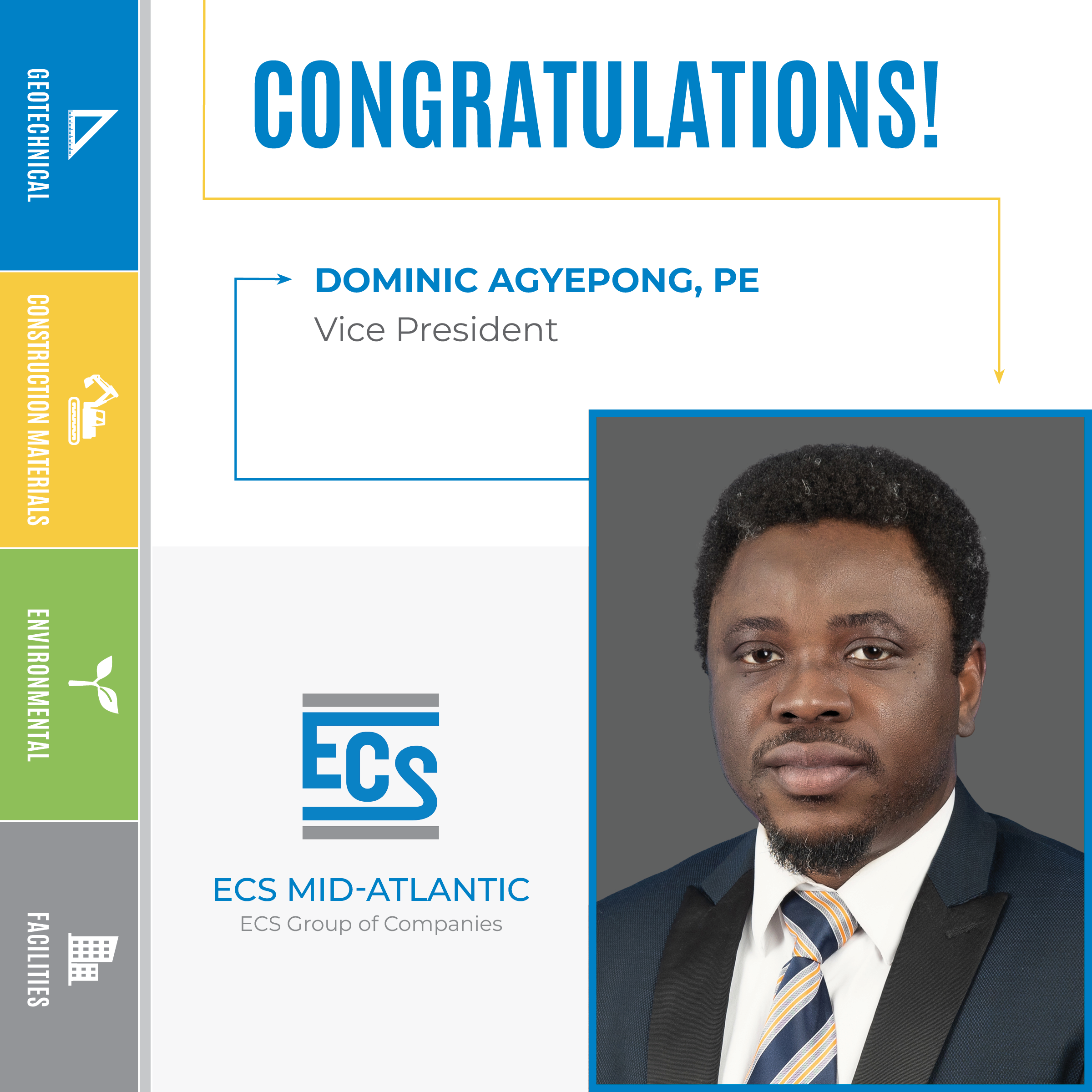 Square graphic with a headshot of Dominic Agyepong in the lower right corner and ECS logo with Dominic's new title.