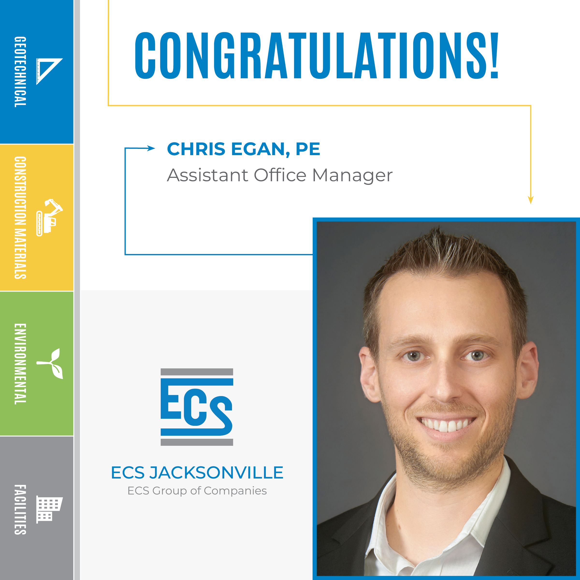 Square graphic with a headshot of Chris Egan in the lower right corner and ECS logo with Chris' new title.
