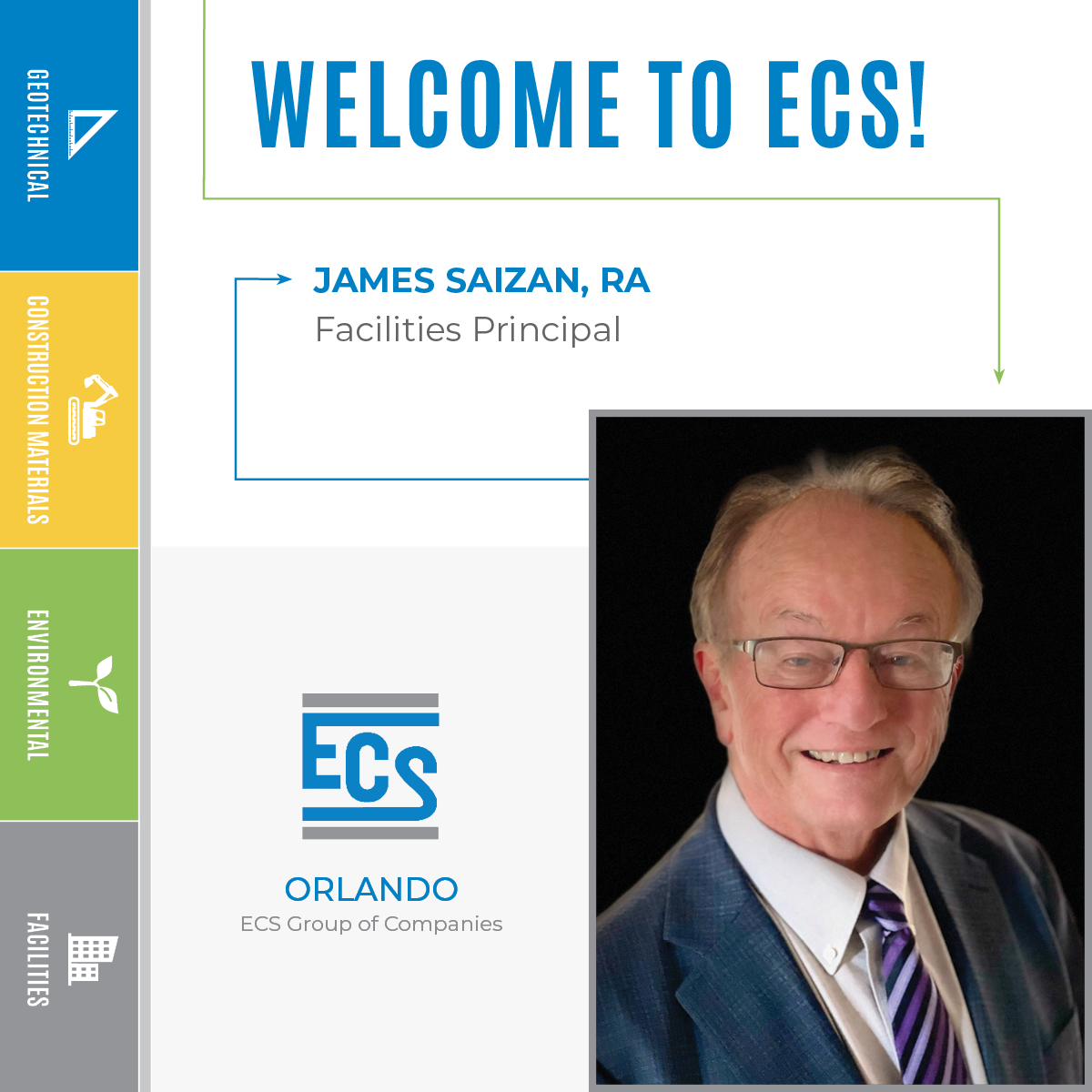 Square graphic with a headshot of James Saizan in the lower right corner and ECS logo with James' new title.