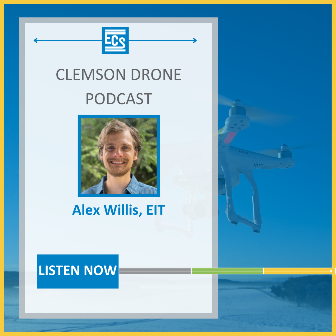 Headshot of Alex Willis with ECS logo and text for Clemson Drone Podcast with a drone photo background