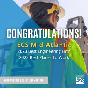 ECS Award Graphic with ECS employee in hard hat and PPE in the background, with ECS Mid-Atlantic and 2023 Best Engineering and Best Places to Work awards 
