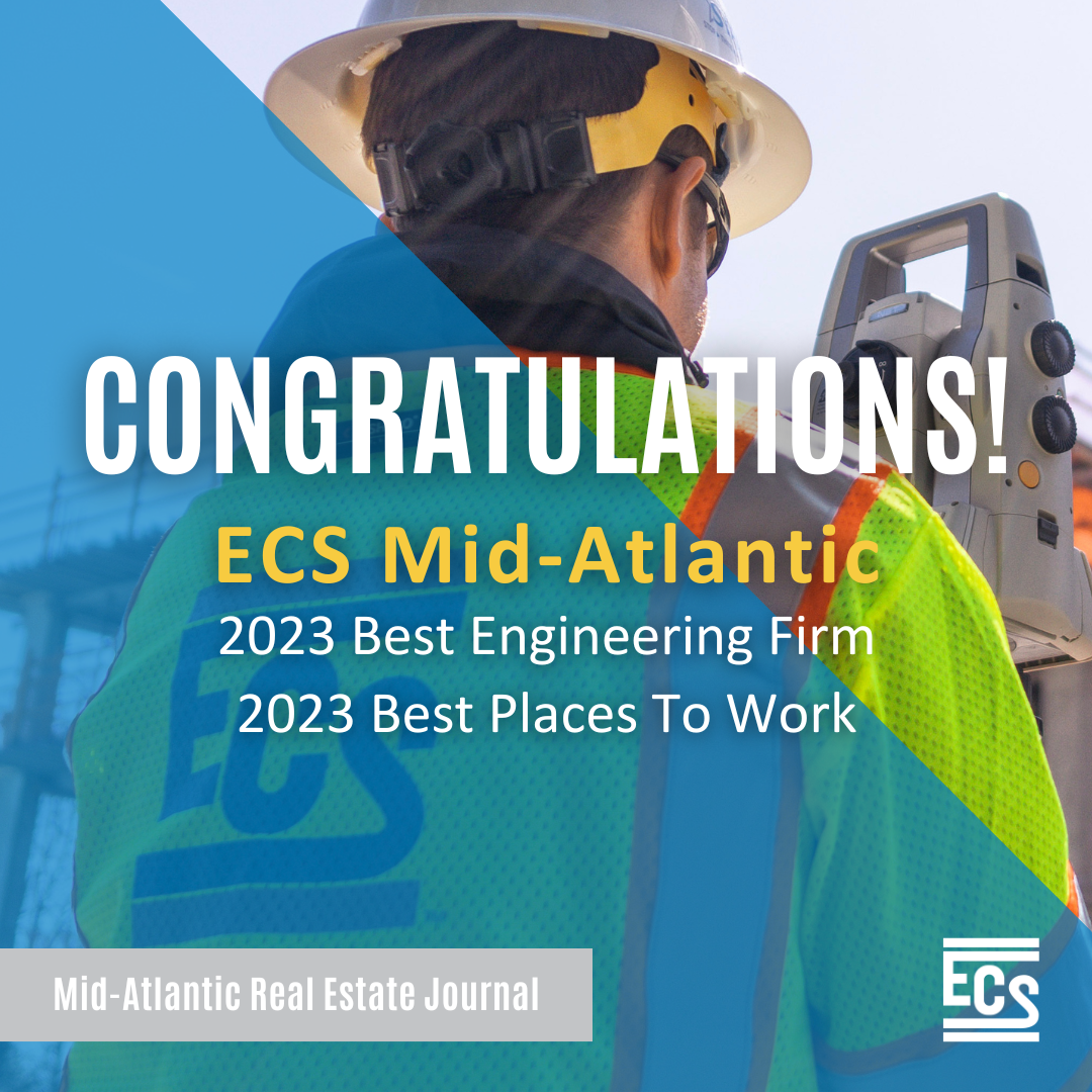 ECS Award Graphic with ECS employee in hard hat and PPE in the background, with ECS Mid-Atlantic and 2023 Best Engineering and Best Places to Work awards