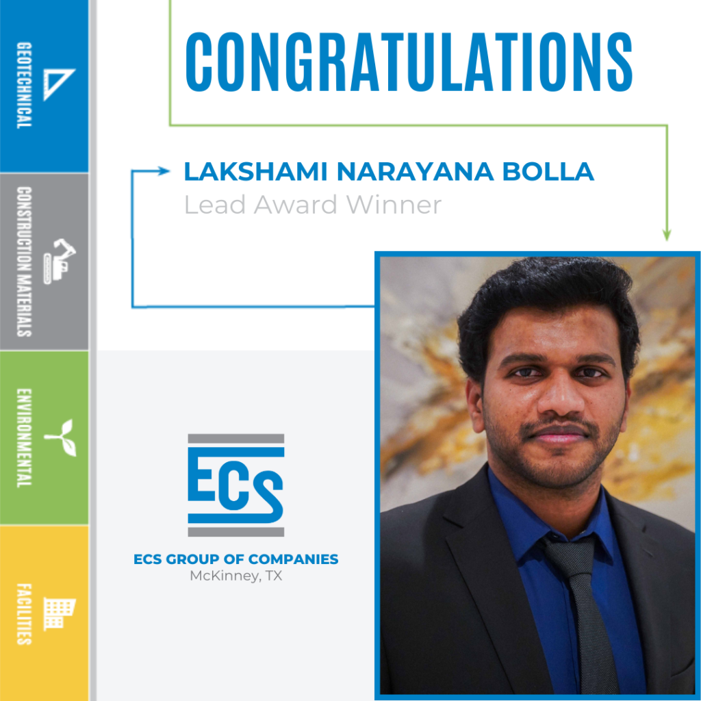 Square graphic with a headshot of Lakshmi Narayana Bolla in the lower right corner and ECS logo with Lakshmi new title.