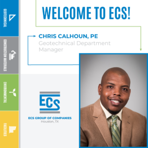 Square graphic with a headshot of Chris Calhoun in the lower right corner and ECS logo with Chris' new title.