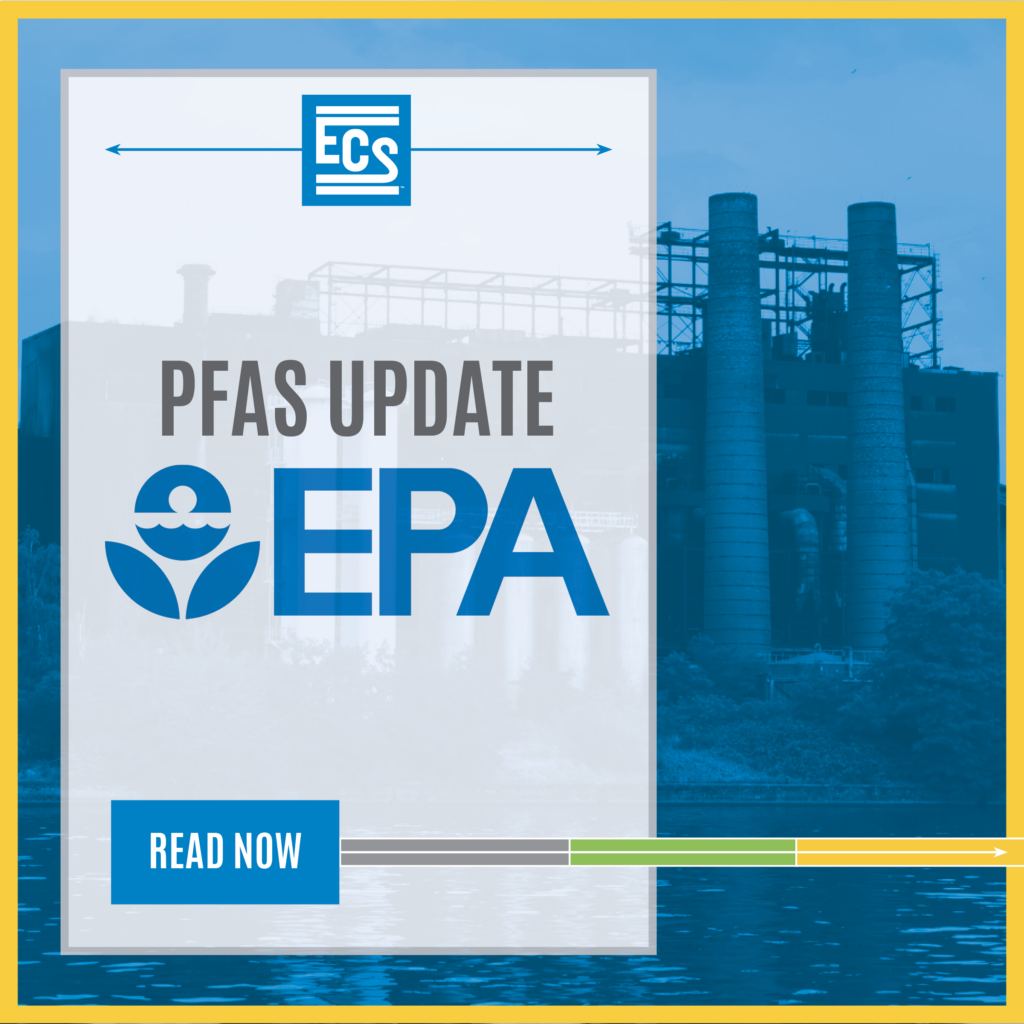 Graphic says "PFAS Update" with ECS and EPA logos and a "read now" button over a blue background image of an industrial worksite
