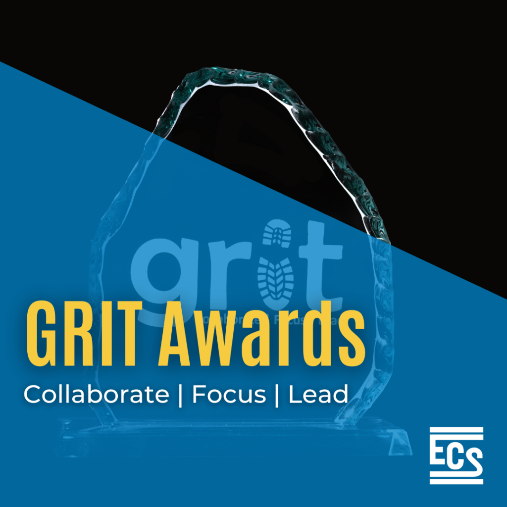 Black and blue graphic with glass trophy with "grit" engraving and yellow "GRIT awards" text followed by "collaborate, focus, lead"