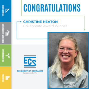 Square graphic with a headshot of Christine Heaton in the lower right corner and ECS logo with Christine's new title.