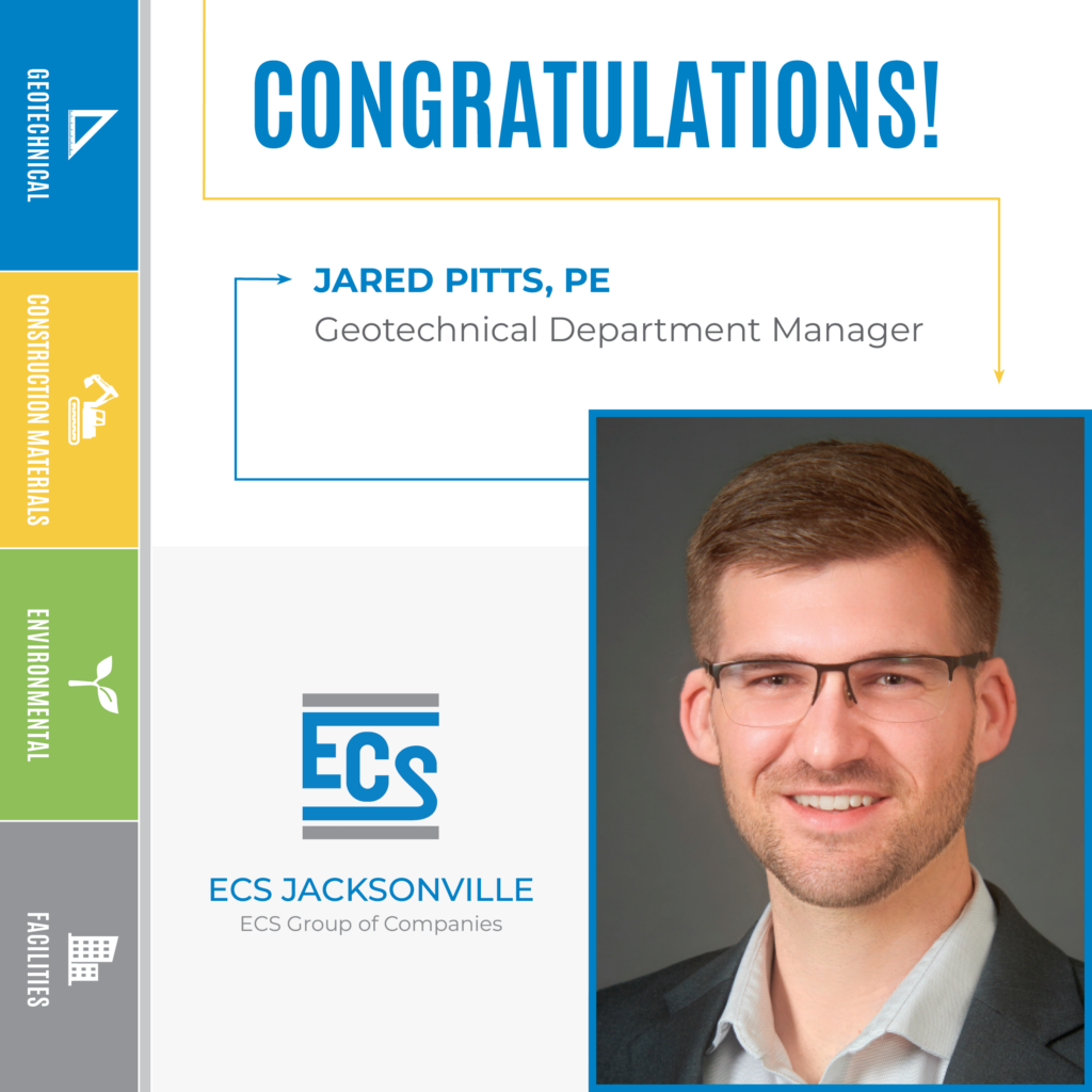 Square graphic with a headshot of Jared Pitts in the lower right corner and ECS logo with Jared's new title.