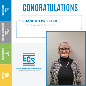 Square graphic with a headshot of Shannon Priester in the lower right corner and ECS logo with Shannon's new title.