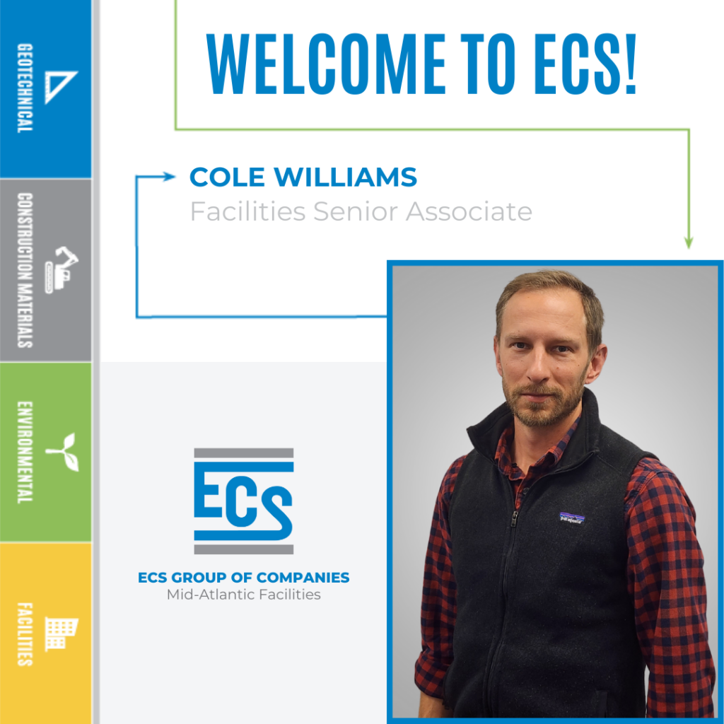 Square graphic with a headshot of Cole Williams in the lower right corner and ECS logo with Cole's new title.