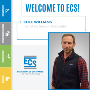 Square graphic with a headshot of Cole Williams in the lower right corner and ECS logo with Cole's new title.