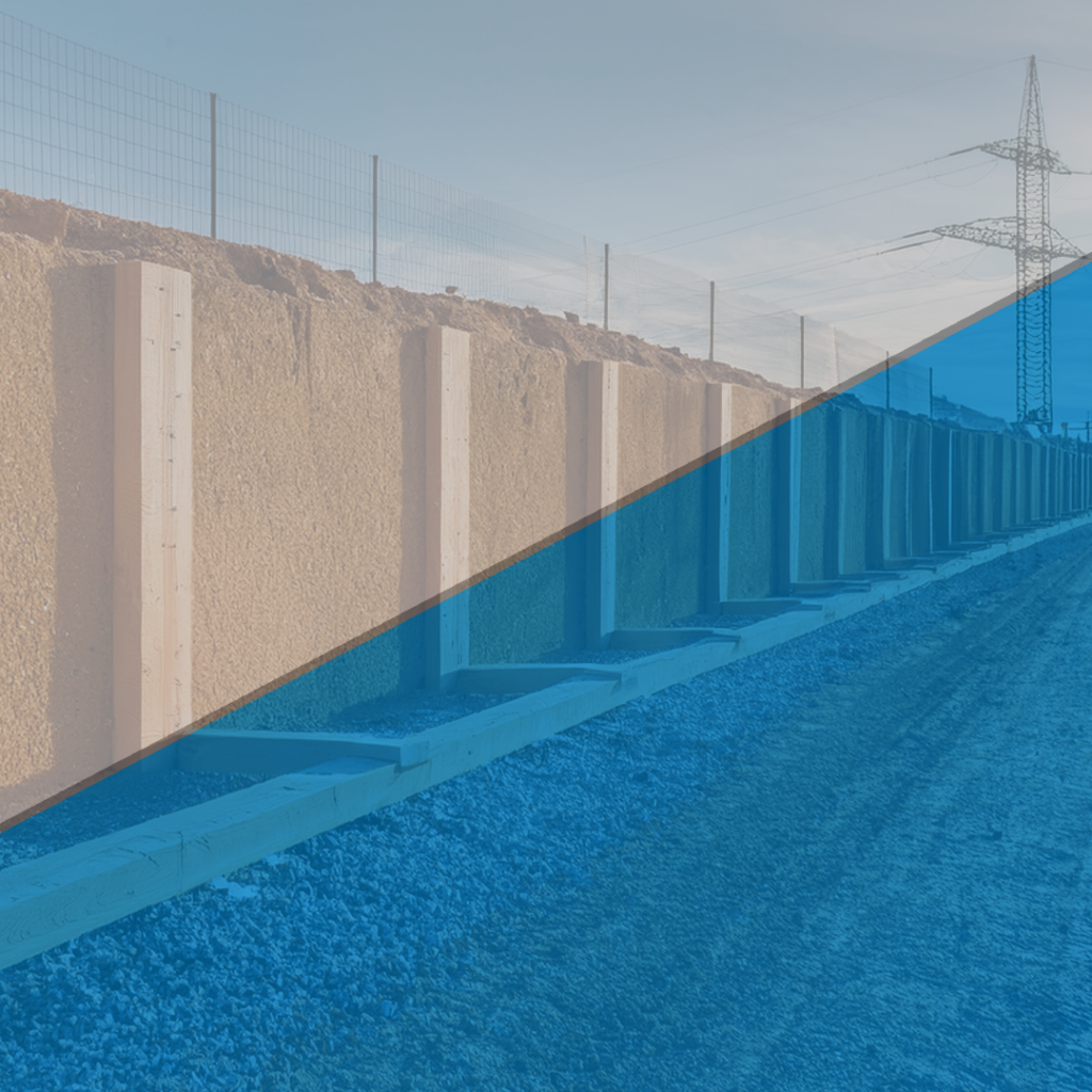 A sound barrier wall alongside a railway or roadway, with wooden supports and fencing above. A blue overlay covers the lower section.