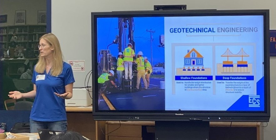 Blonde woman wearing a blue polo shirt stands in front of a screen with a presentation about geotechnical engineering