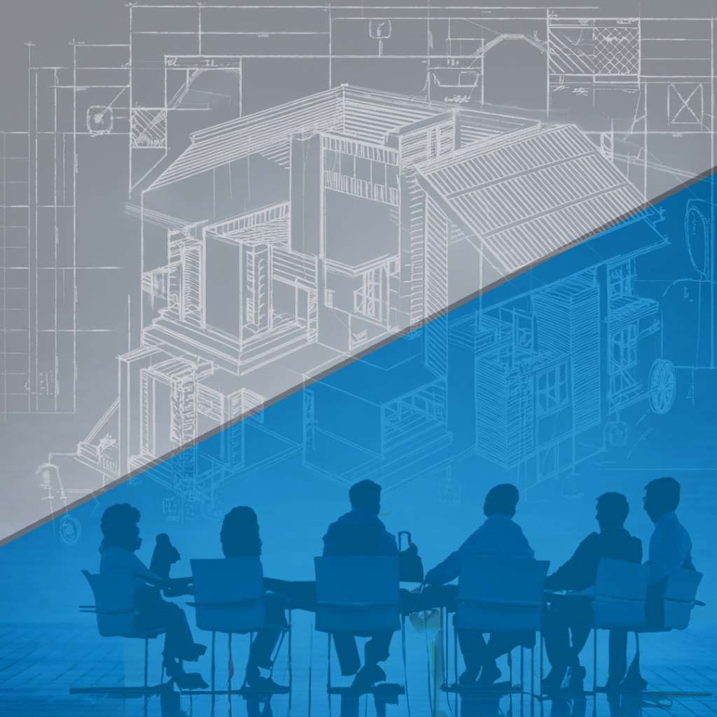 Stem Impacts: A business meeting setting with silhouetted people discussing architectural plans, which are projected as a blueprint-style drawing in the background. A blue overlay covers the lower portion.