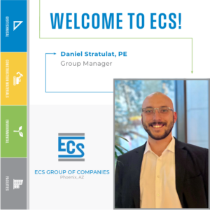 Square graphic with a headshot of Daniel Stratulat in the lower right corner and ECS logo with Daniel's title.
