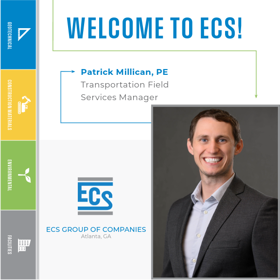 Square graphic with a headshot of Patrick Millican in the lower right corner and ECS logo with Patrick's title.