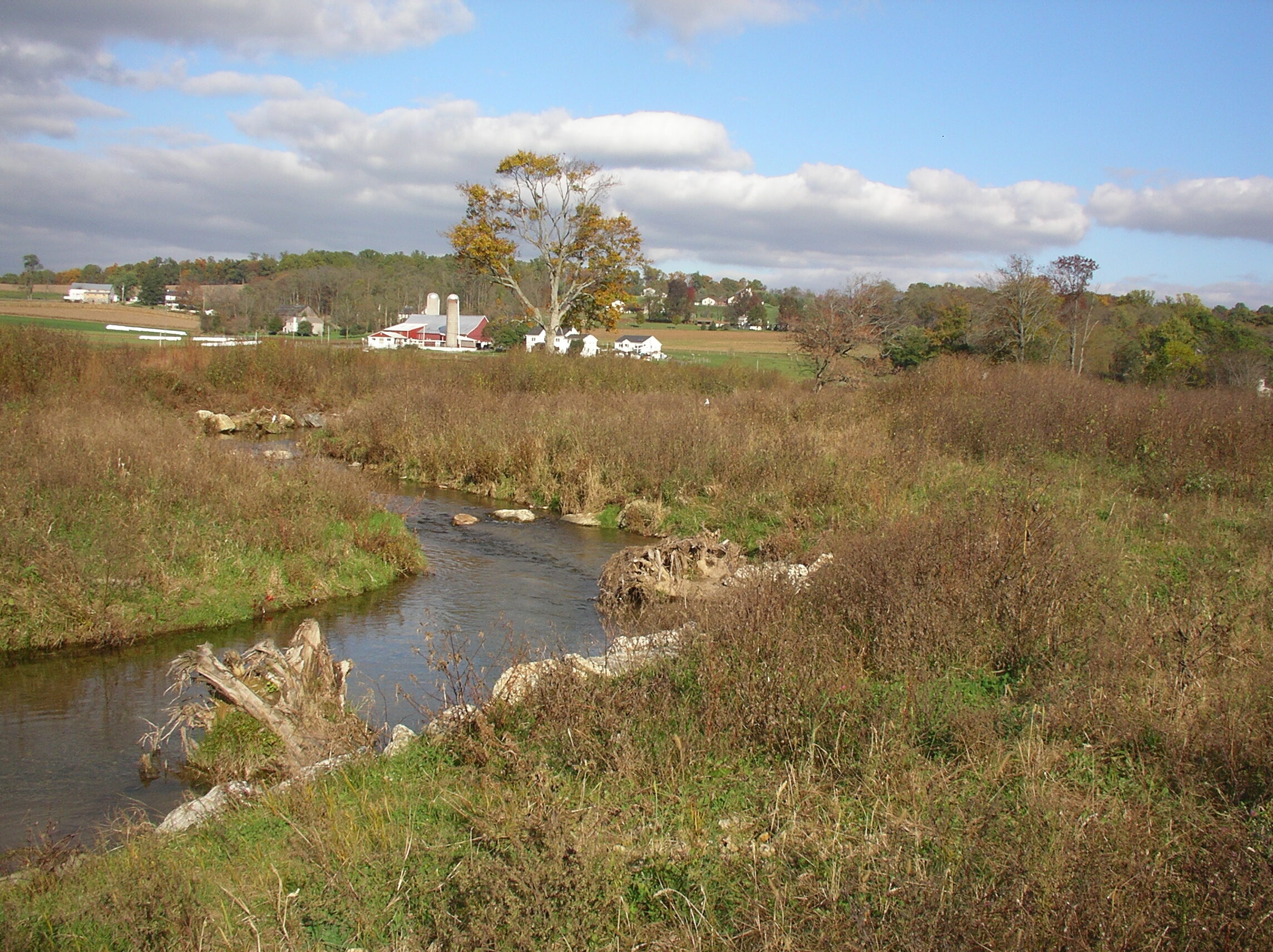 Photo: a restored water channel running through a grassy field in the foreground with houses, a barn and silos in the background.