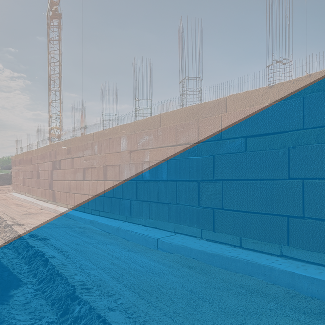 A brick wall under construction with metal reinforcements and scaffolding in the background. A blue overlay partially covers the image.