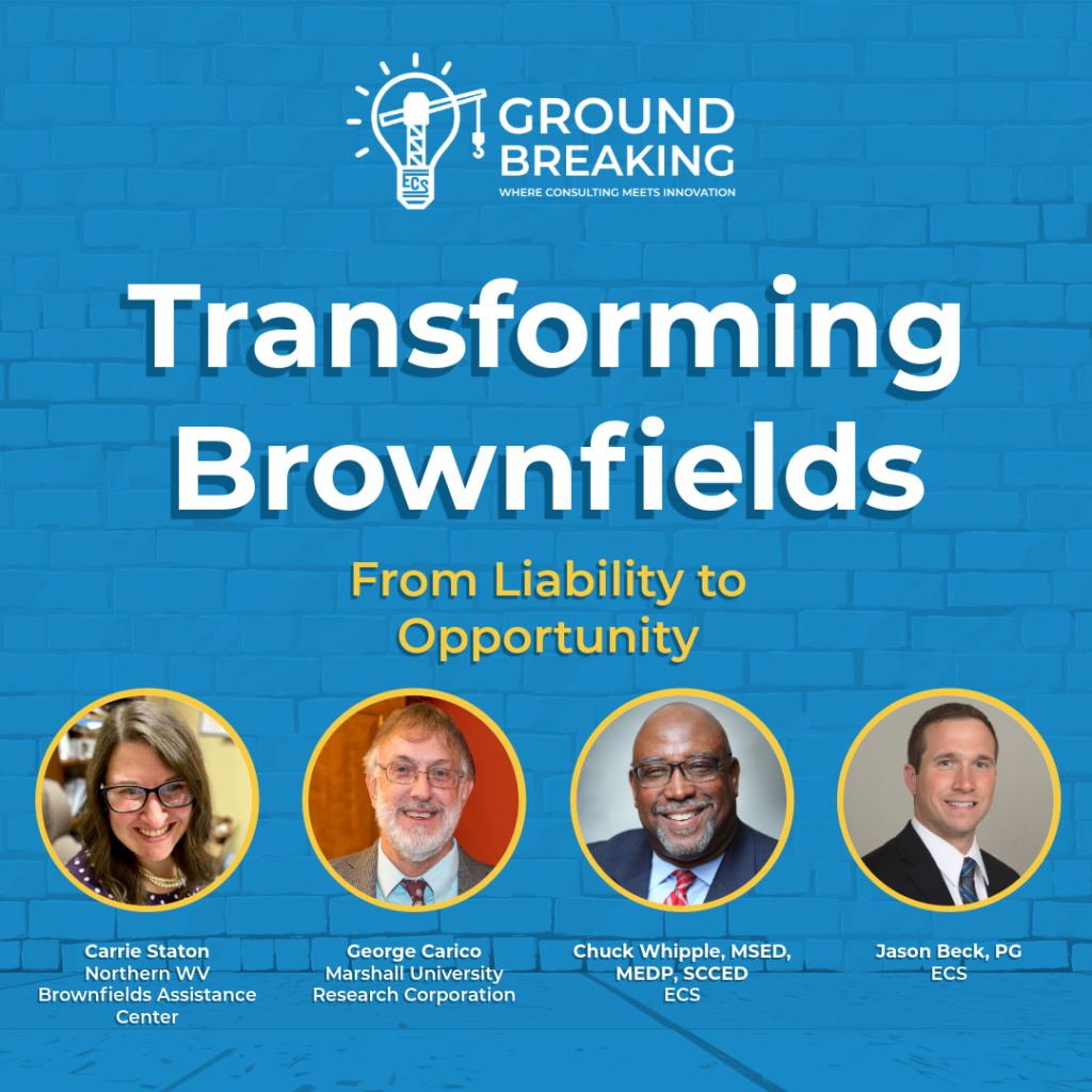 Podcast Episodes Thumbnail with Carrie Staton, George Carico, Chuck Whipple and Jason Beck headshots for the transforming brownfields podcast episode in a circle graphic the bottom
