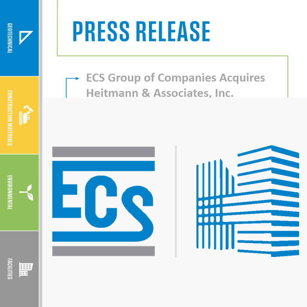 ress release image announcing the ECS Group of Companies' acquisition of Heitmann & Associates, Inc. The image features the ECS logo on the left and a stylized building graphic on the right. The sidebar includes sections labeled "Geotechnical," "Construction Materials," "Environmental," and "Facilities," each with corresponding icons.