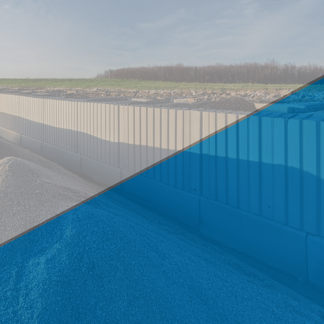 A reinforced earth retaining wall under construction, with layers of soil and a blue overlay covering part of the image.