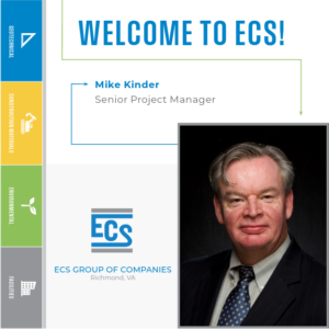 Square graphic with a headshot of Mike Kinder in the lower right corner and ECS logo with Mike's title.