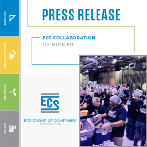 Square graphic with people packing meals in the lower right corner and ECS logo.