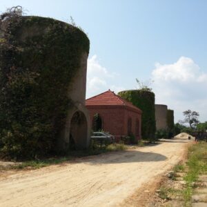 Photo of the Manassass Brick Plant depicting brick structures along a dirt road. The structures are covered in ivy.
