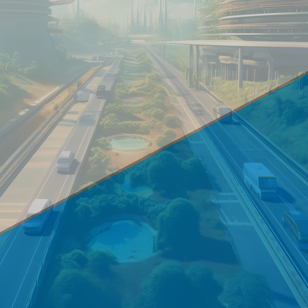 A futuristic highway with lush greenery and small ponds lining the roads, with modern infrastructure in the background. A blue overlay covers the lower portion.
