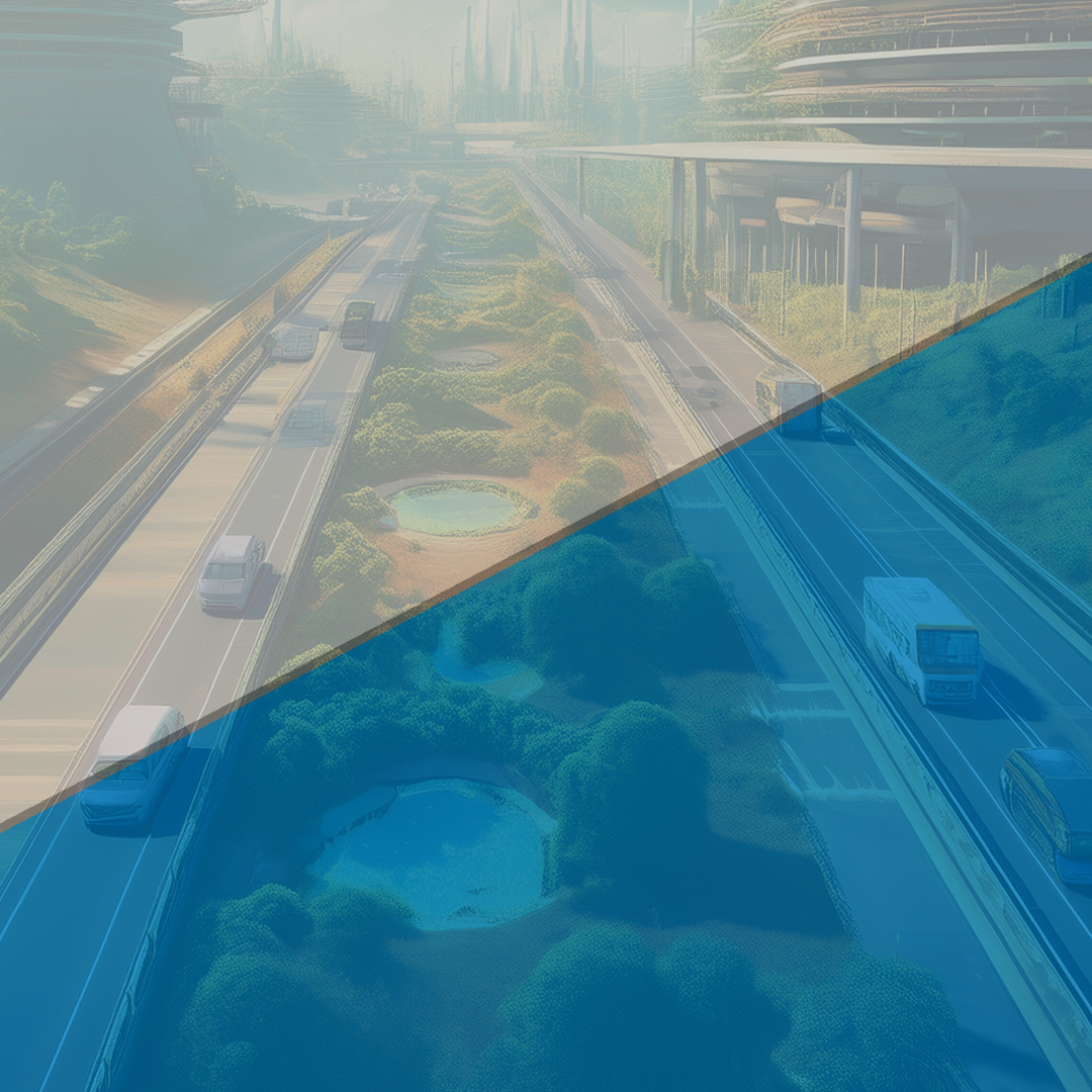 A futuristic highway with lush greenery and small ponds lining the roads, with modern infrastructure in the background. A blue overlay covers the lower portion.