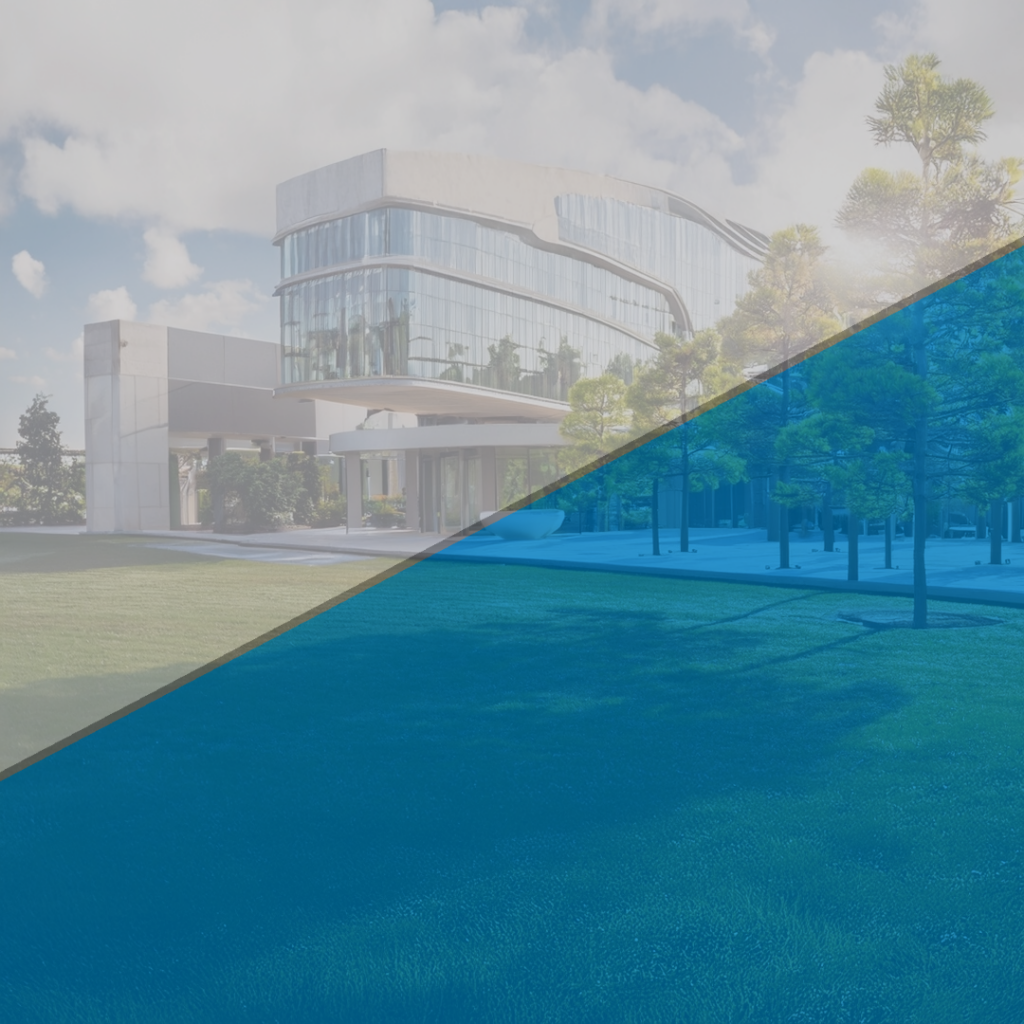 A modern glass building with curved architecture reflecting the surrounding trees and sky. The building's entrance is partially visible, with a landscaped lawn and neatly arranged trees in the foreground. A blue overlay with white horizontal lines partially obscures the image.
