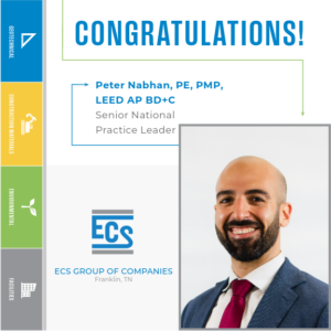 Congratulations Graphic for Peter Nabhan Promotion. with ECS Logo in the bottom center and Peter Nabhan Headshot in the bottom right.