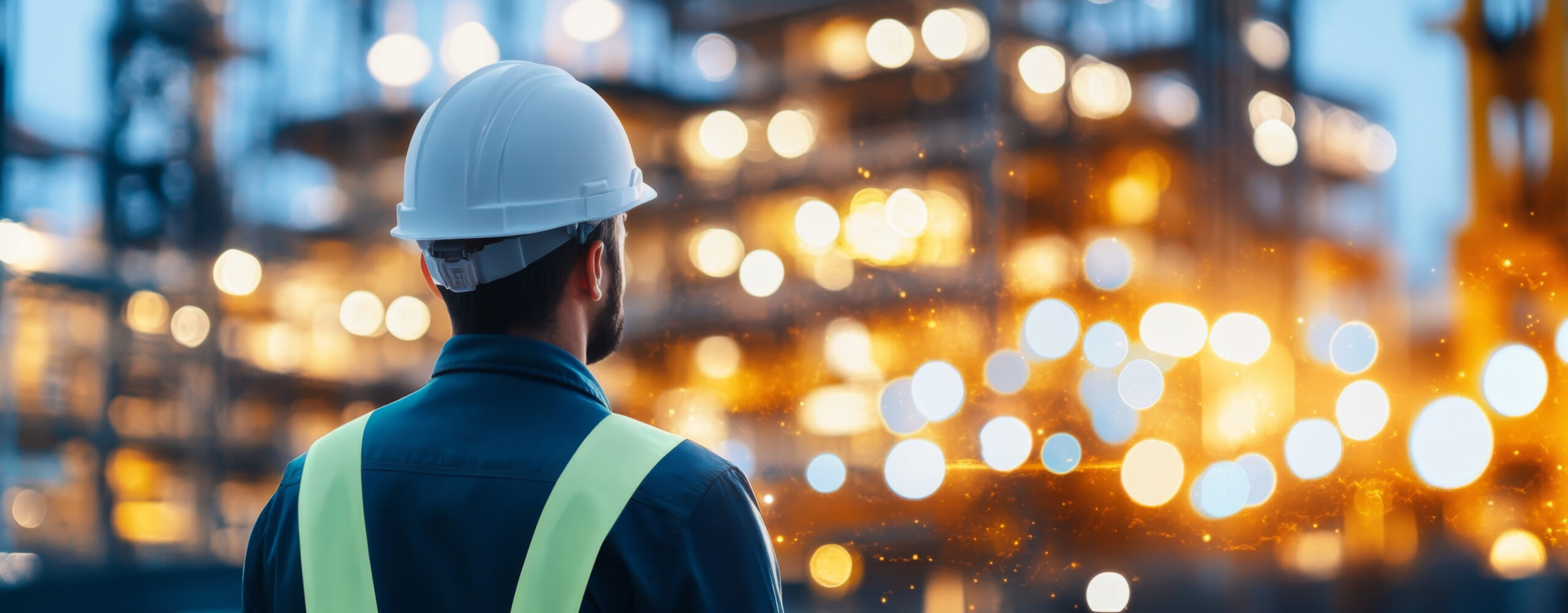 A construction leader observing site at dusk, wearing hard hat and safety vest, surrounded by glowing lights.