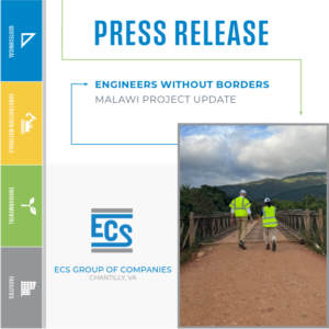 White box with EWB-USA and ECS Malawi Press Release. Includes picture of two engineers standing in front of a bridge.