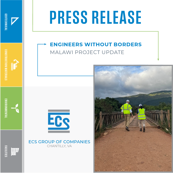 White box with EWB-USA and ECS Malawi Press Release. Includes picture of two engineers standing in front of a bridge.