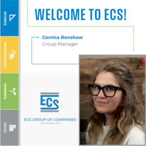 White background with blue text saying "Welcome to ECS!" and a headshot of Corrina Renshaw. 