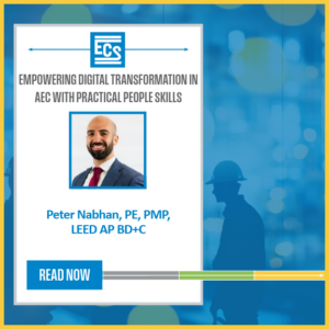 Blue background with "Empowering Digital Transformation In AEC with Practical People Skills" listed as the title and a headshot of Peter Nabhan.