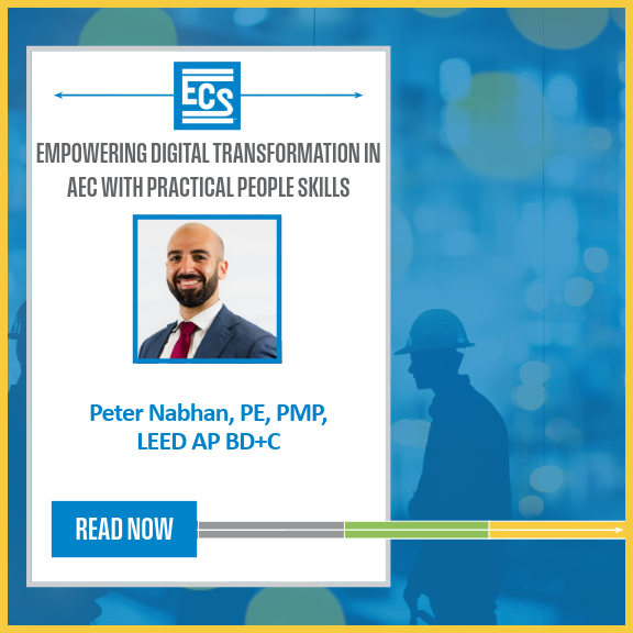 Blue background with "Empowering Digital Transformation In AEC with Practical People Skills" listed as the title and a headshot of Peter Nabhan.